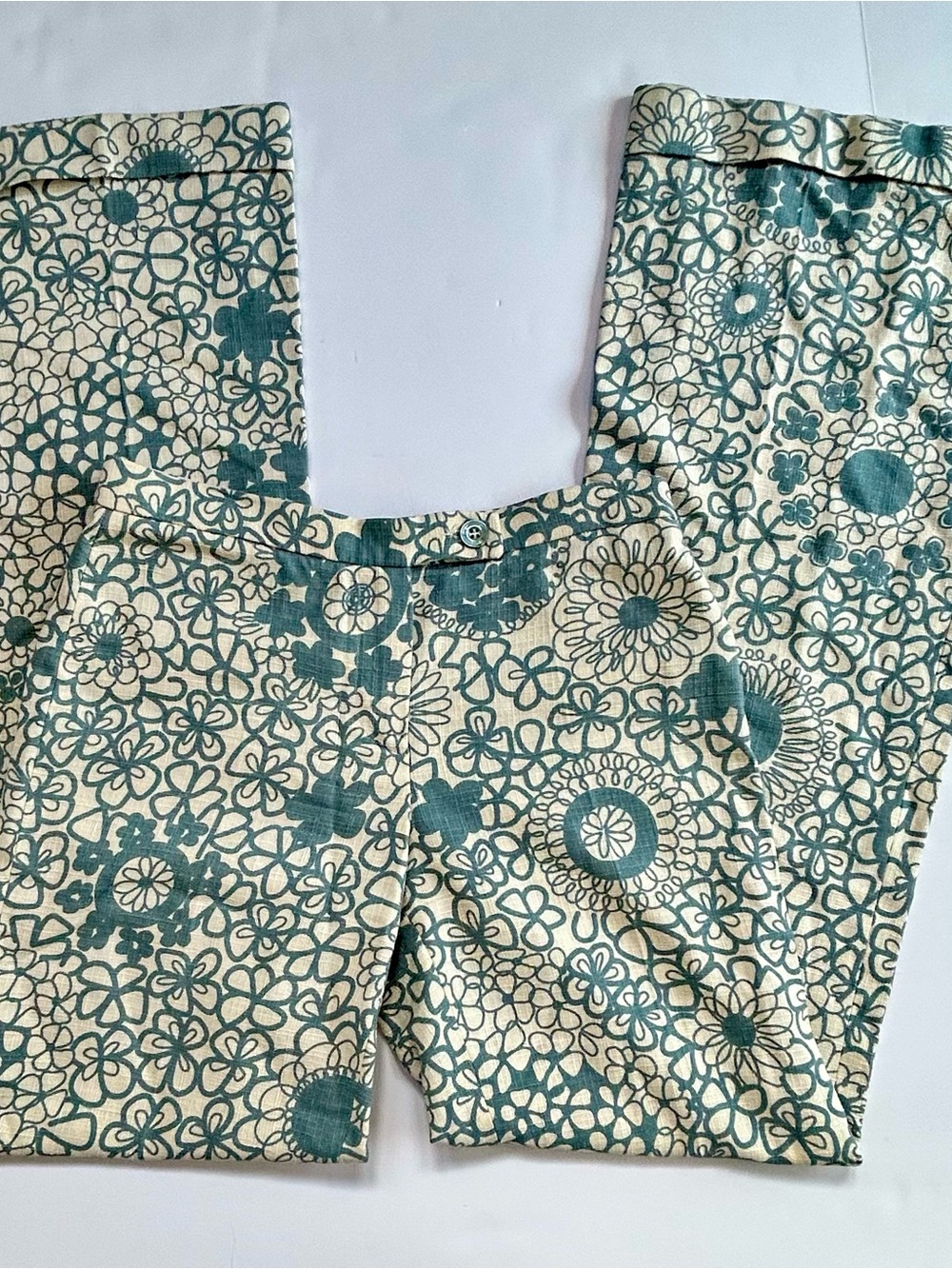 Moschino CheapandChic Cream Pants with Teal Floral Print - wide leg cuffed